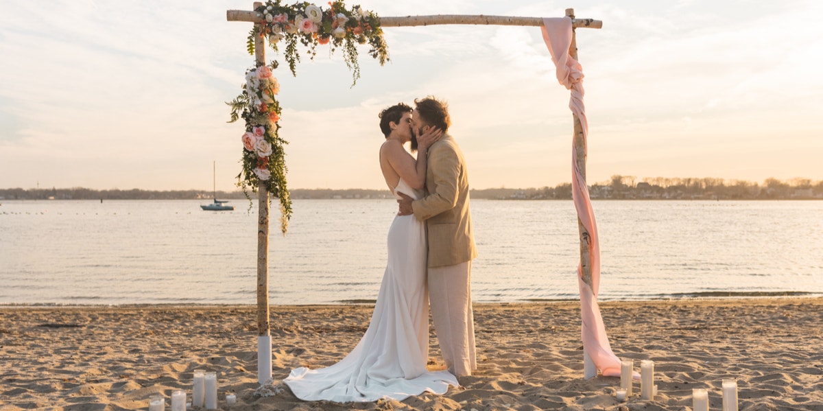 bride and groom kissing