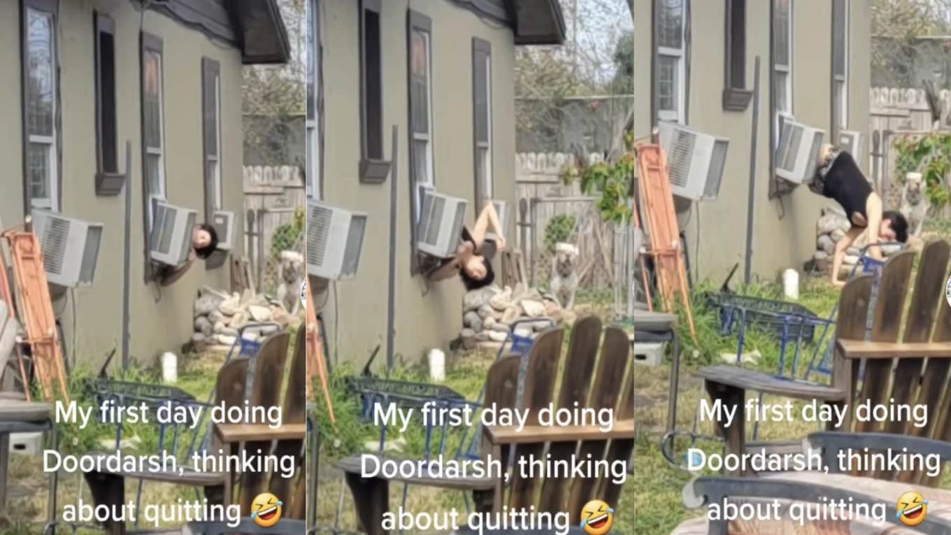 DoorDash Driver Is Thinking About Quitting After Customer Climbs Through Window To Get Her Food customer coming out of window for food delivery
