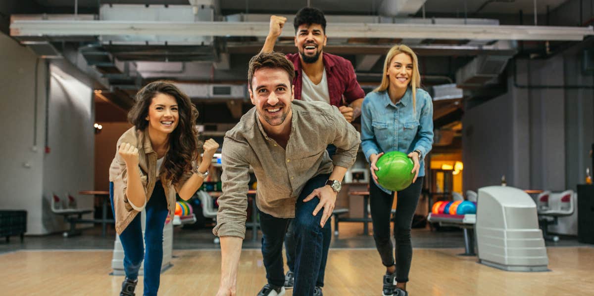 two couples bowling on a double date