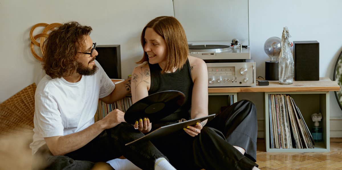 couple talking in living room