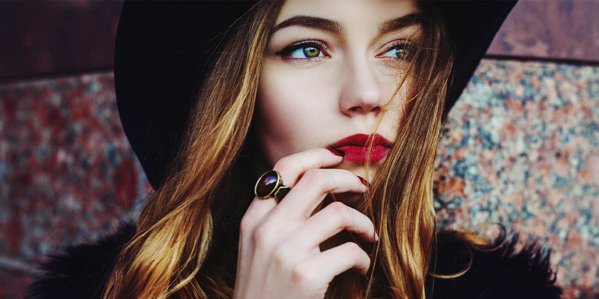 feminine woman in red lipstick