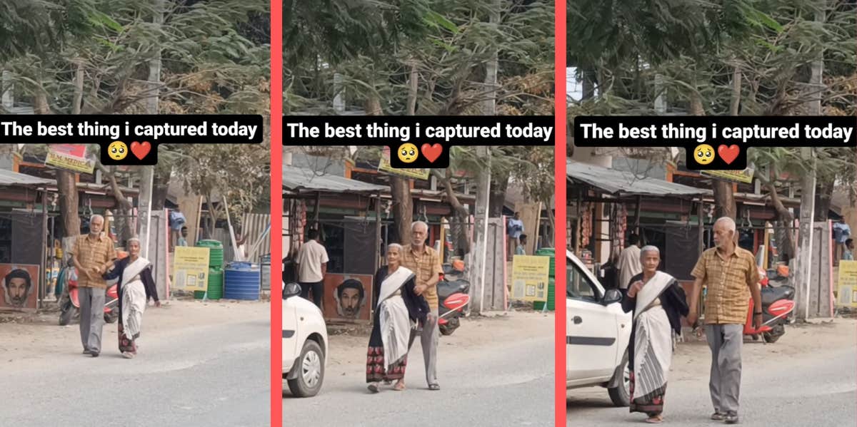 Elderly Man's Sweet Gesture To His Wife While They Walk Down A Busy Street Is Melting People's Hearts elderly couple, love