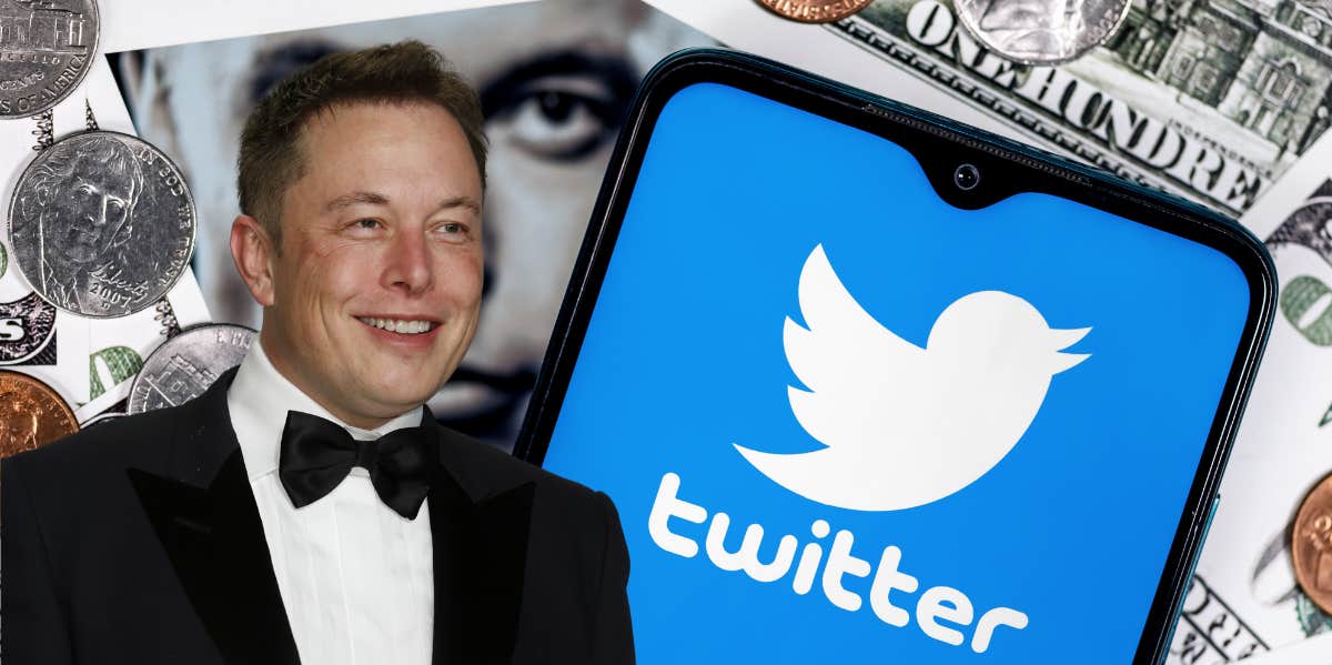 Elon Musk, Twitter logo on smartphone screen with dollar bills, coins and photo of Elon Musk in background