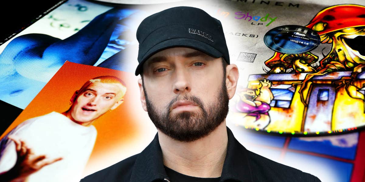 Inside Eminem's 'Partial Mathers' Body Double Ryan Shepard Eminem against a background of his CDs