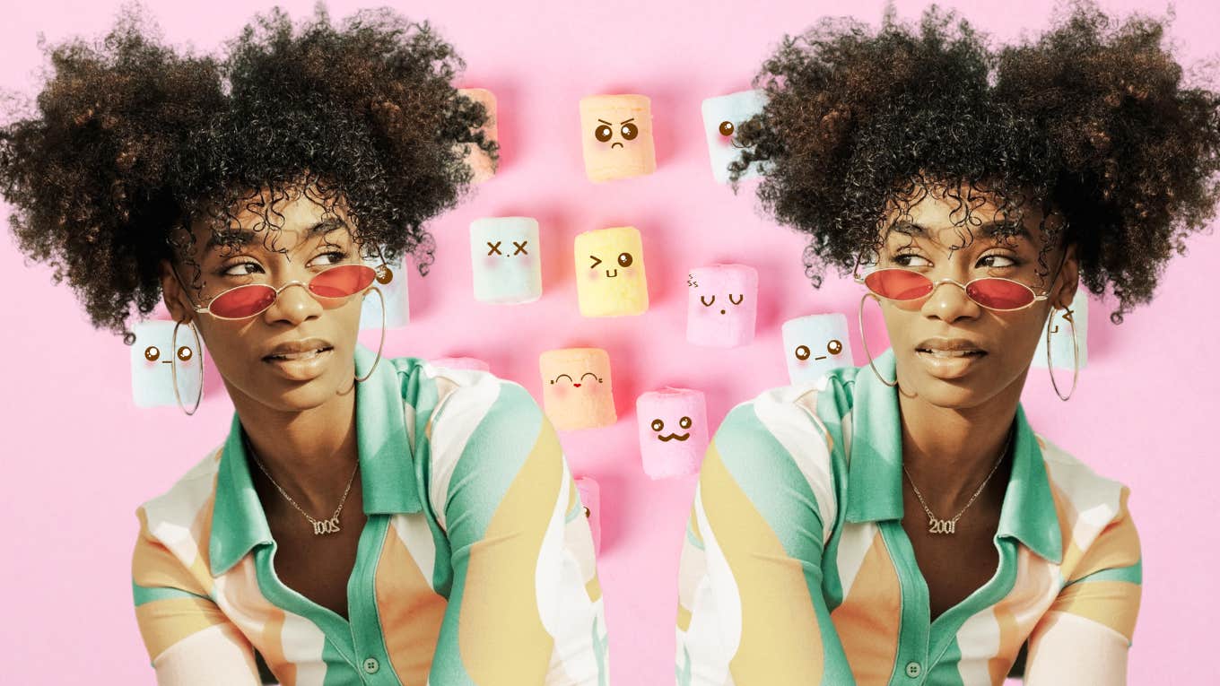 Emotional Blindspots Most People Never Notice Woman with 'blinders' glasses on surrounded by different emotions