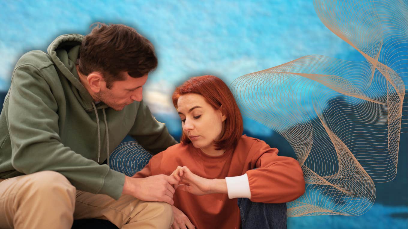 a man listening to a woman with sincerity in front of an abstract mountain view