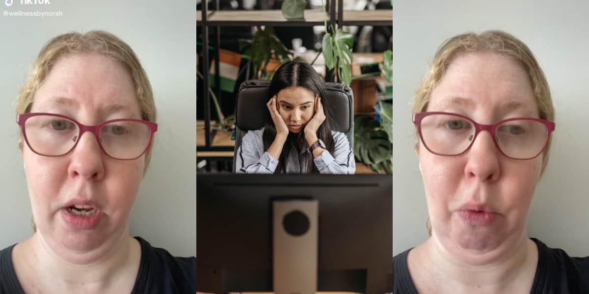 Woman Says She Was Replaced Three Hours After Quitting Her Job Norah, tired woman sitting at desk and massaging her head