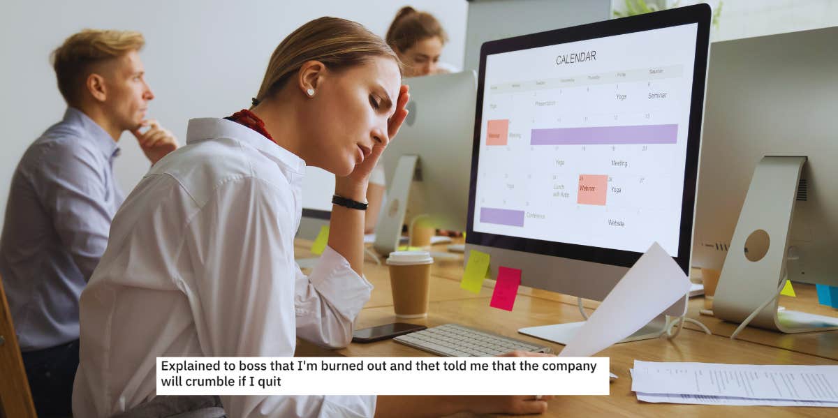 Boss Tells Employee The Company Would Crumble If She Quit After She Voiced Concerns About Being Burnt Out & Stressed corporate employee stressed while at work, reddit post