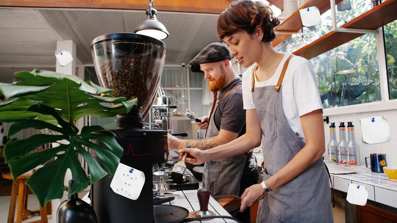 Cafe employees making a coffee