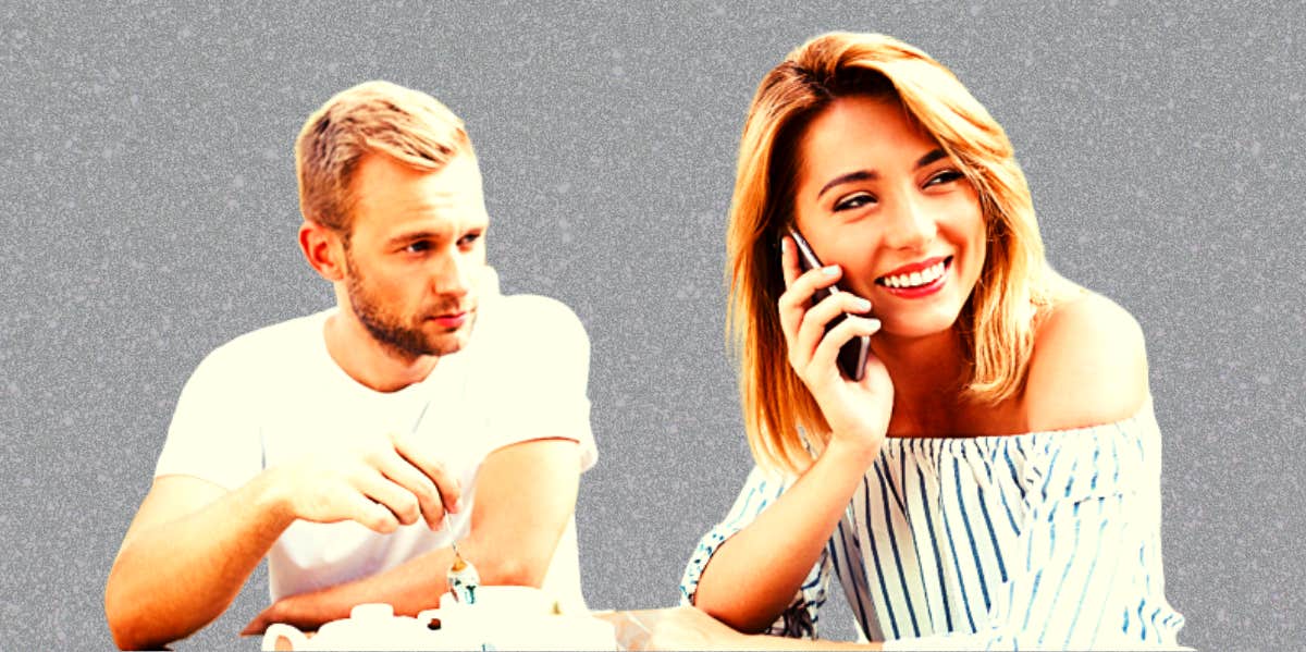 man glowers at woman who is on the phone at tea