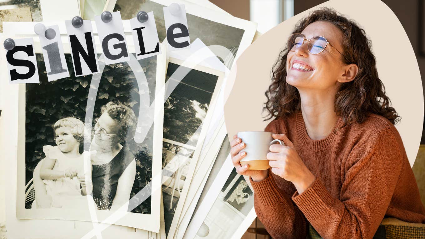 Woman being single and happy, reminiscing on photos and times with her grandma