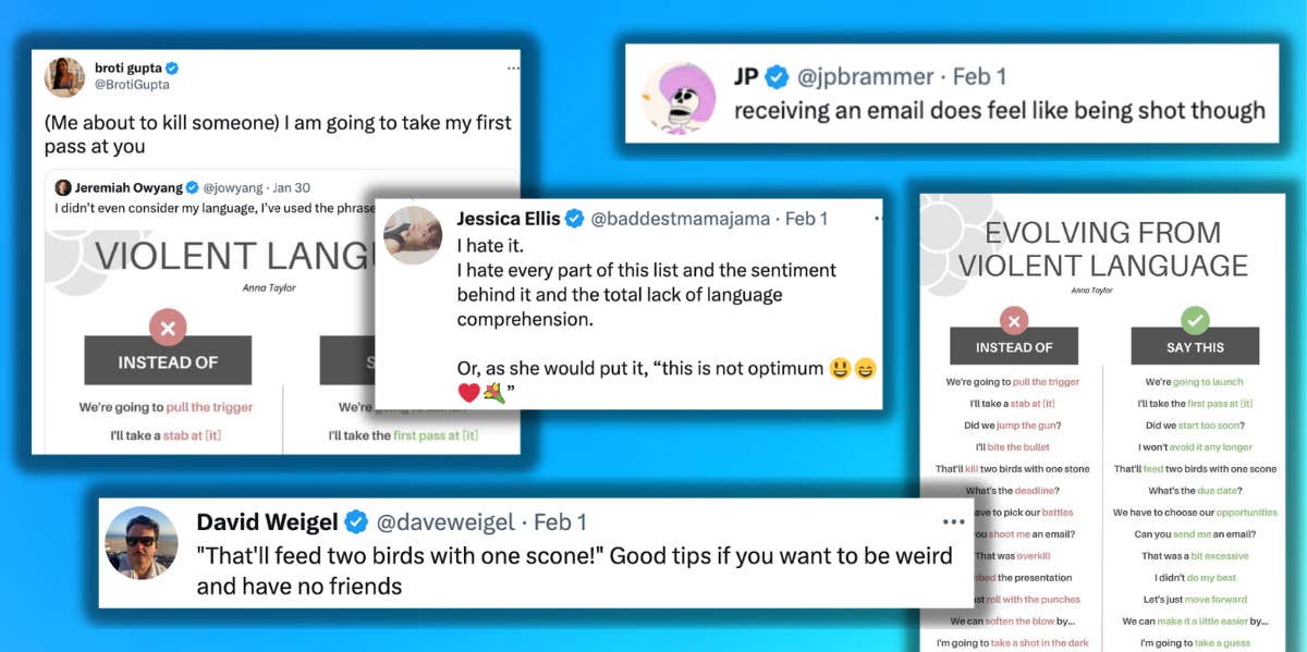 Screenshots of tweet reactions to the "Evolving From Violent Language" list