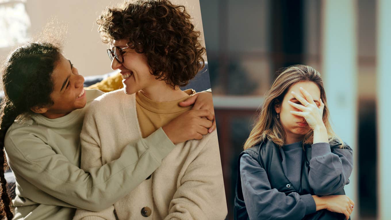 teenage girl embracing her mom, Unhappy Woman Making Facepalm Gesture Waiting Outside