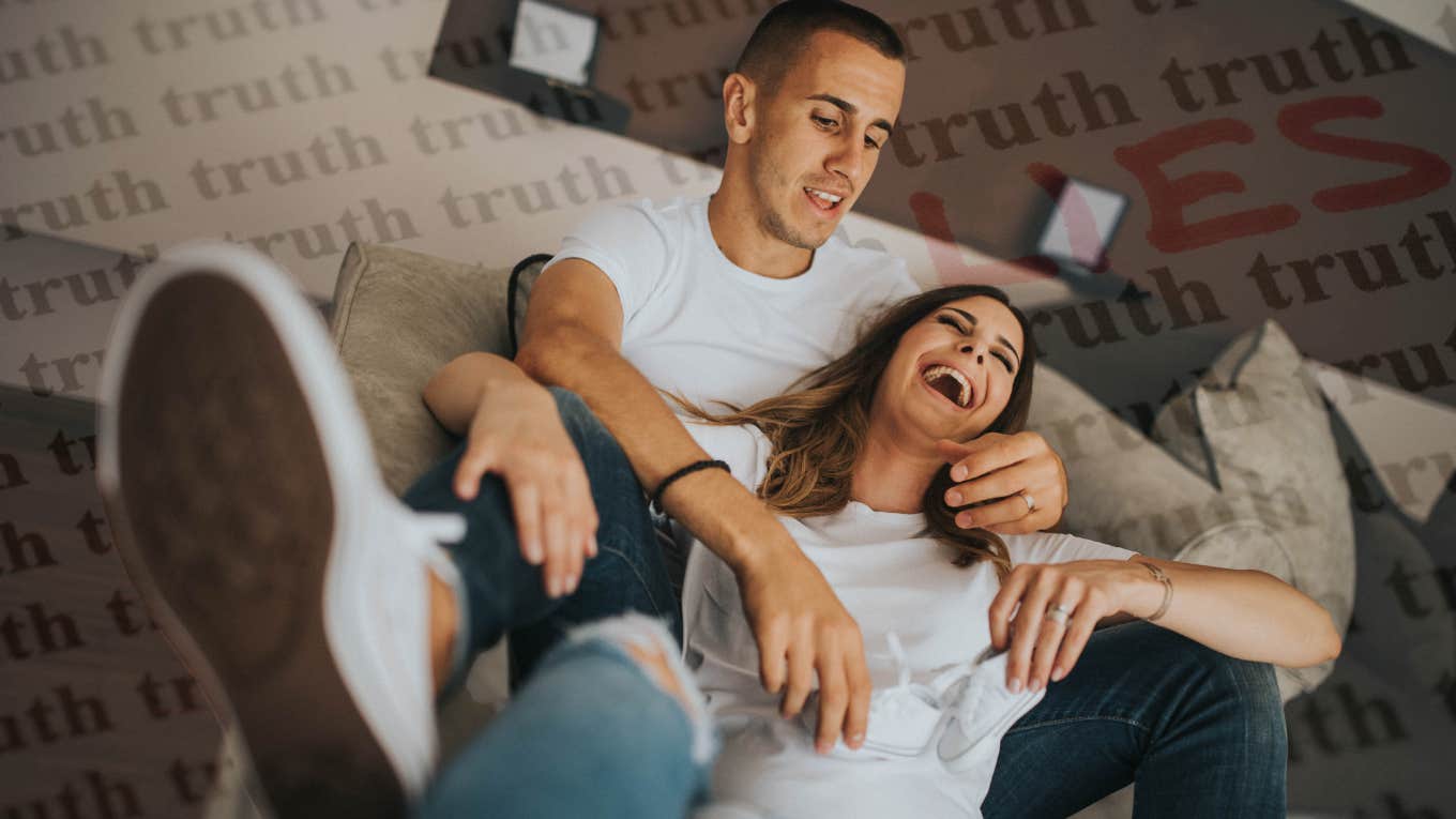 3 Unexpected Reasons A Great, Healthy Relationship Might End, According To Experts happy couple surrounded by truth and a big LIE