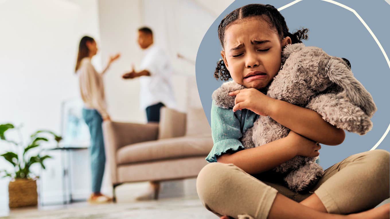 Upset child holding a stuffed animal while parents argue behind her 