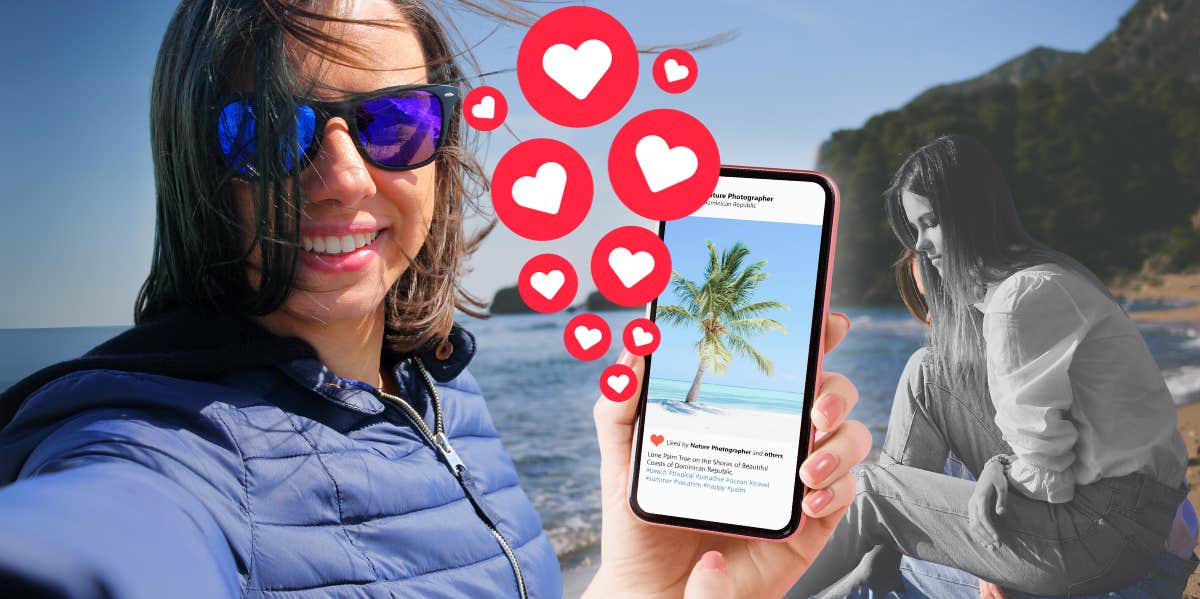 The Dangerous Lie Most Couples Tell On Social Media, According To Research Happy and sad woman on the beach