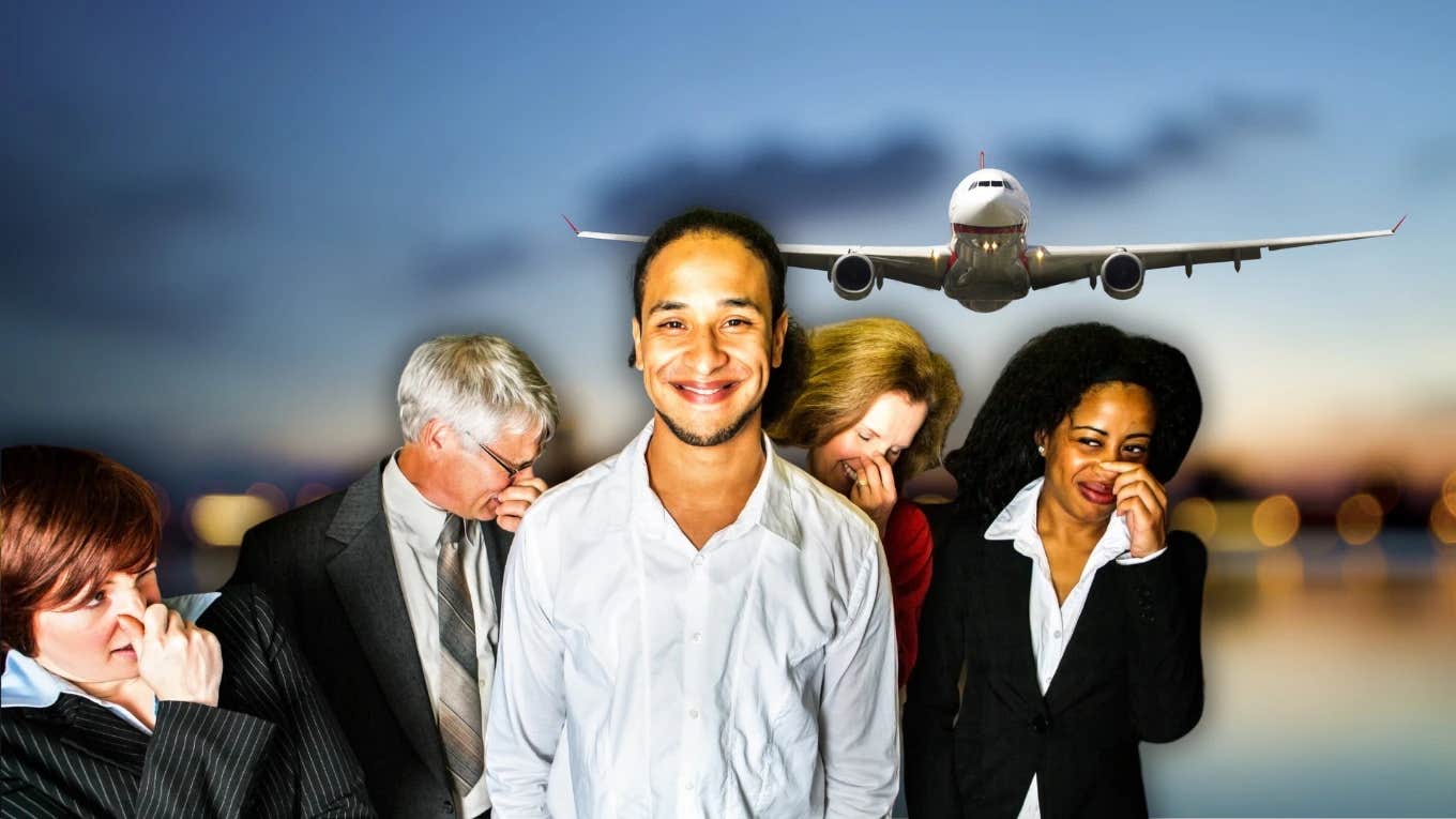 Family Claims They Were Kicked Off Flight For Their Body Odor airplane and people holding their nose around smelly person