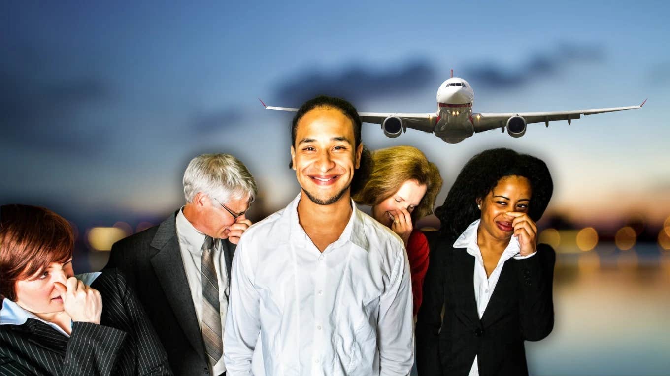 airplane and people holding their nose around smelly person