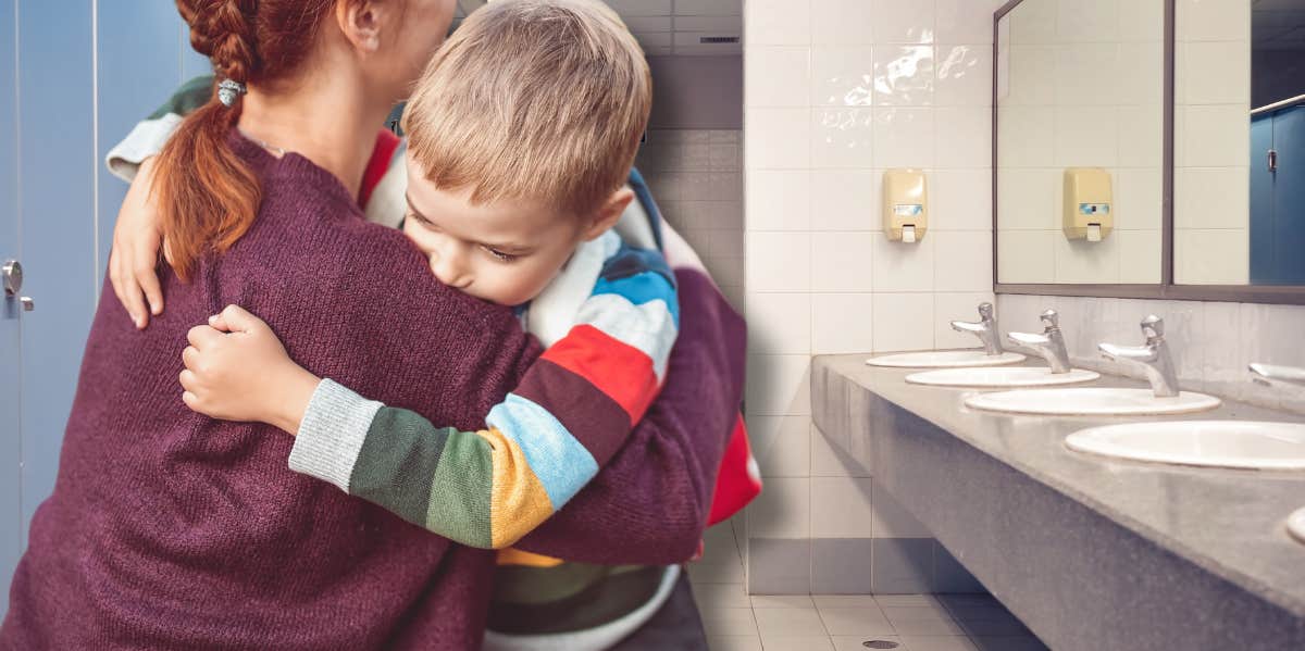 woman hugging child, bathroom