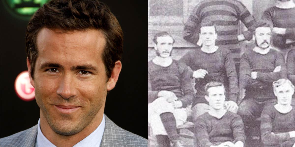 A photo of Ryan Reynolds is next to a photo of a 19th century Wrexham FC squad.