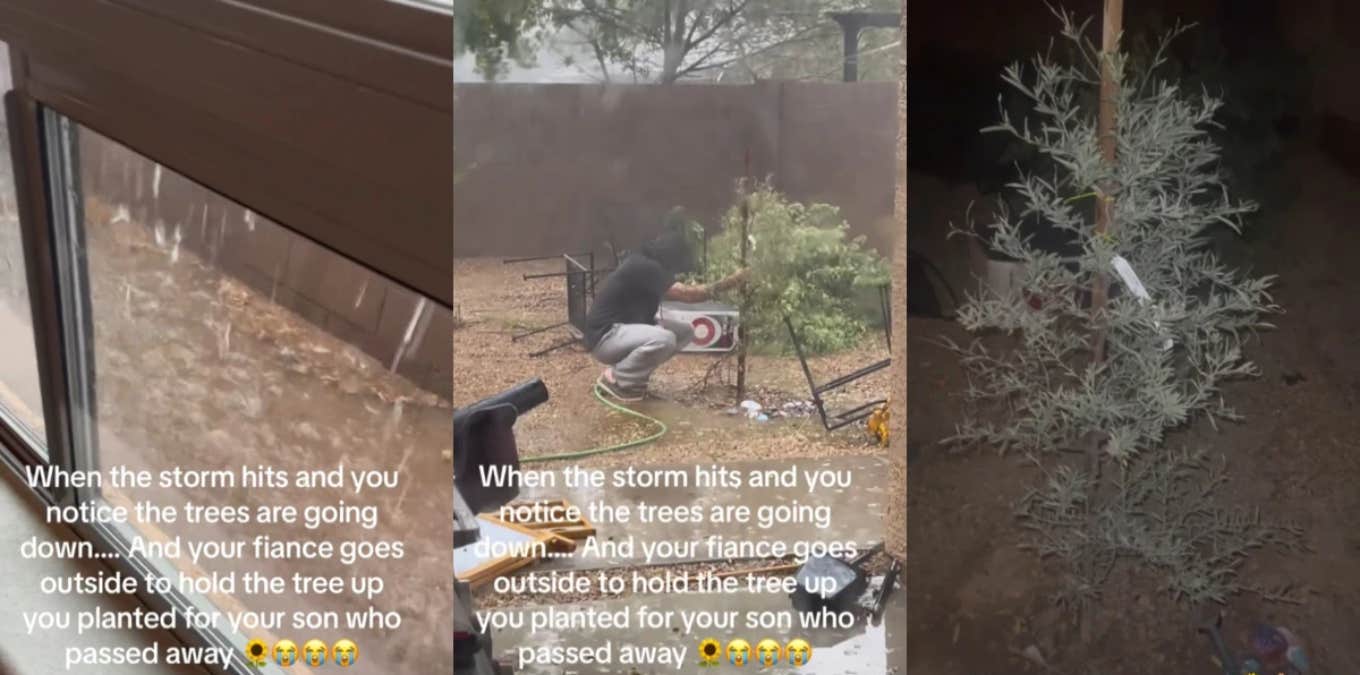 Father Praised For Staying Outside In A Storm To Hold Up A Tree Planted In Honor Of His Son dad holding up tree backyard