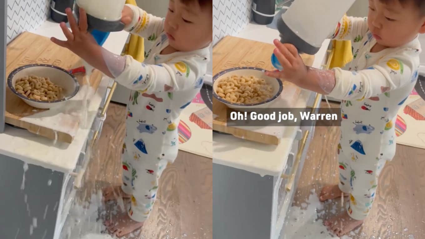 Father's Response To His Toddler's Failed Attempt At Pouring Milk Sparks Parenting Debate Toddler failing to pour milk into a bowl of cereal