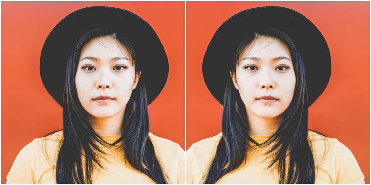 How to heal when you feel completely broken doubled image of a serious woman with black hair and black hat, red background