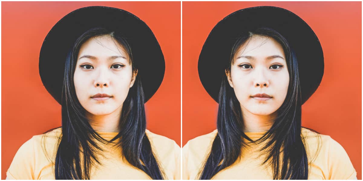 doubled image of a serious woman with black hair and black hat, red background