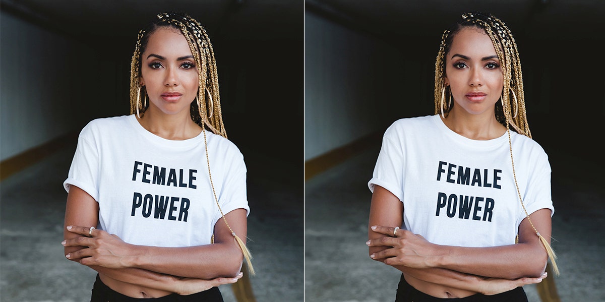 woman in white shirt that says 'female power'