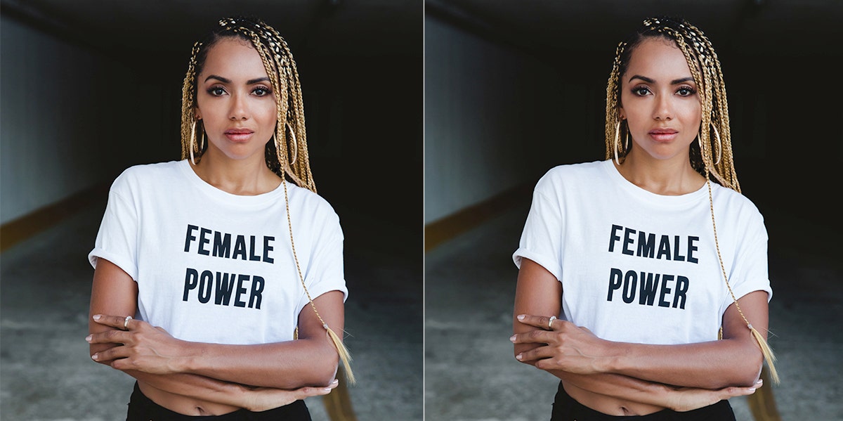What Happened When A Woman Included 'Feminist' In Her Dating Profile woman in white shirt that says 'female power'