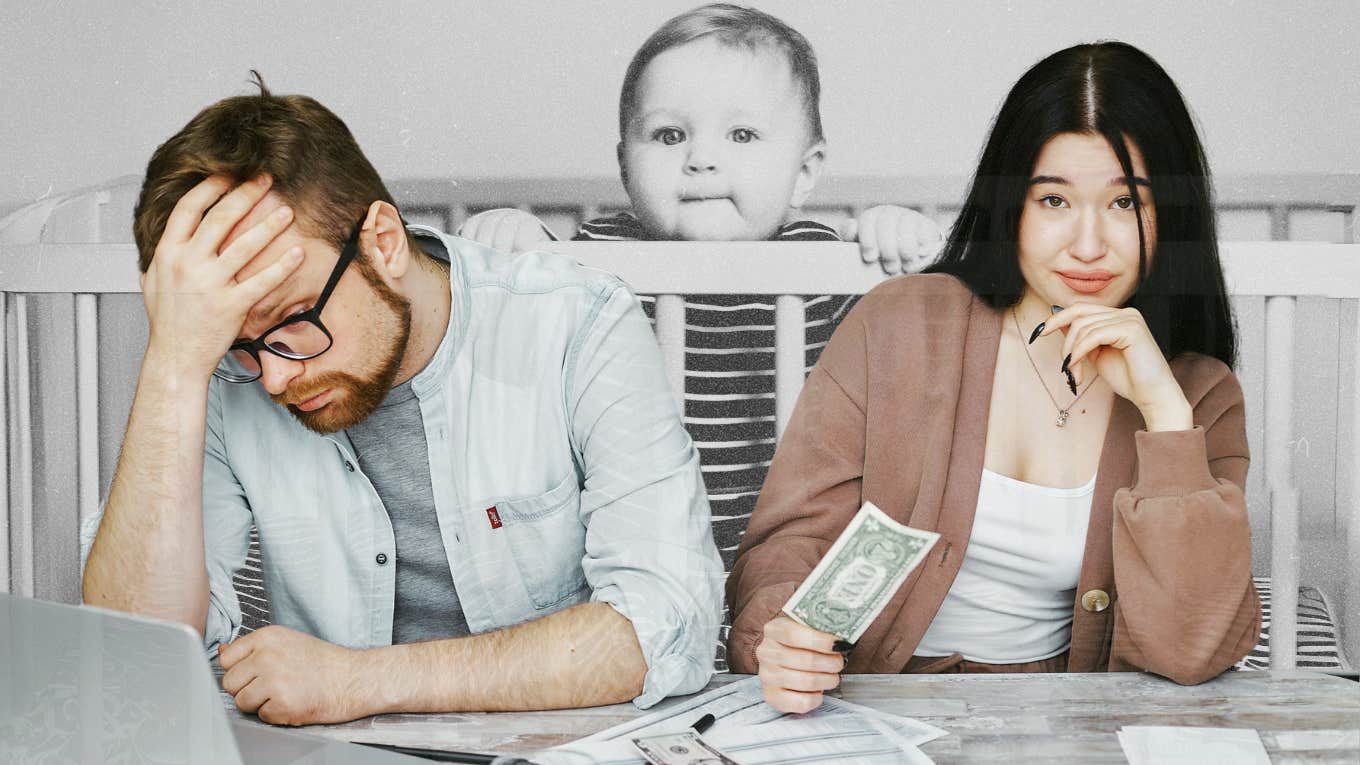 10 Conversations About Money You Must Have Before Having A Baby couple going over finances, baby looming in background