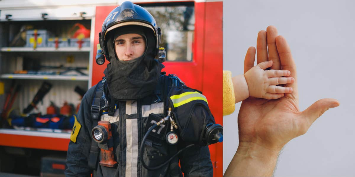 firefighter, baby hand holding an adult hand