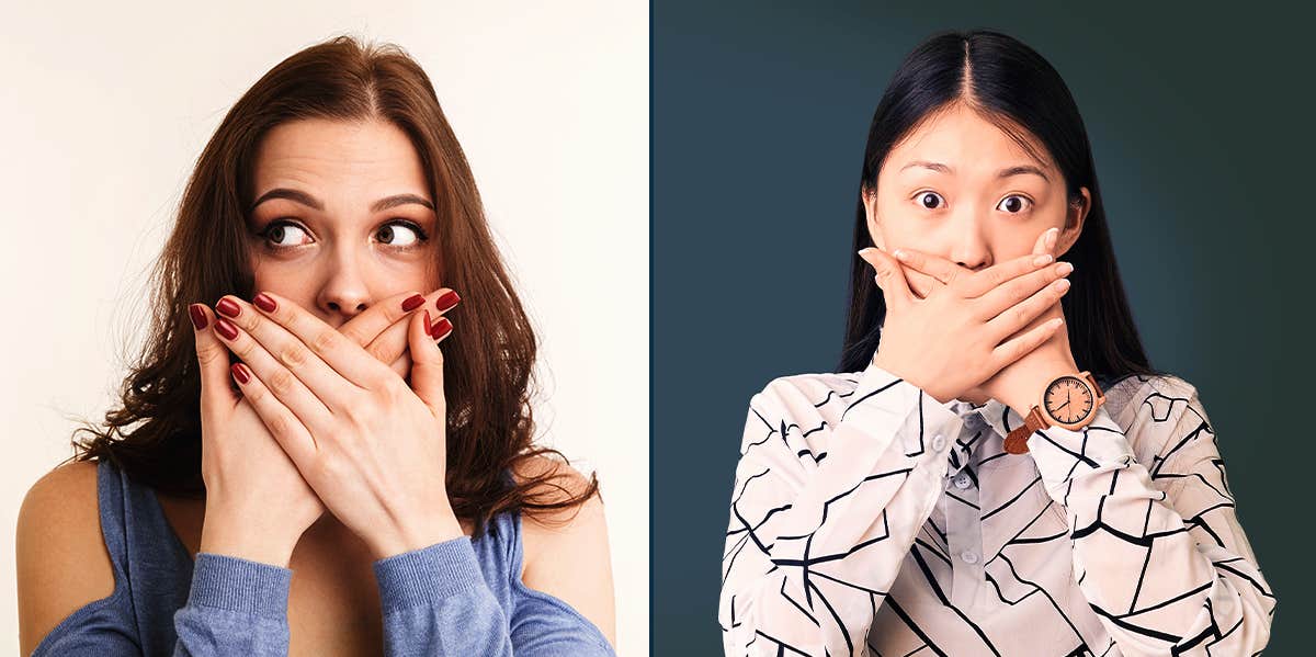 Unsexy Topics To Never Bring Up On The First Date woman covering her mouth