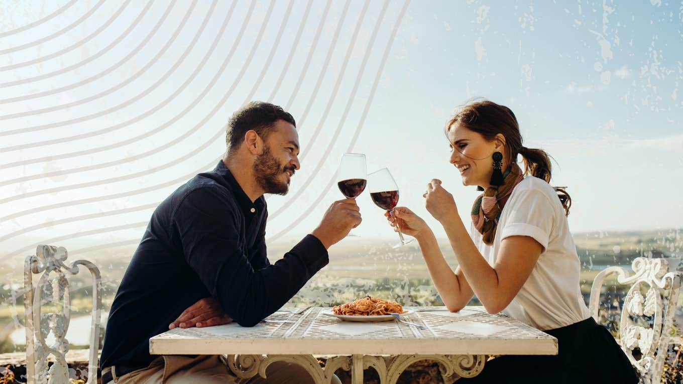 couple with wine on their first date together