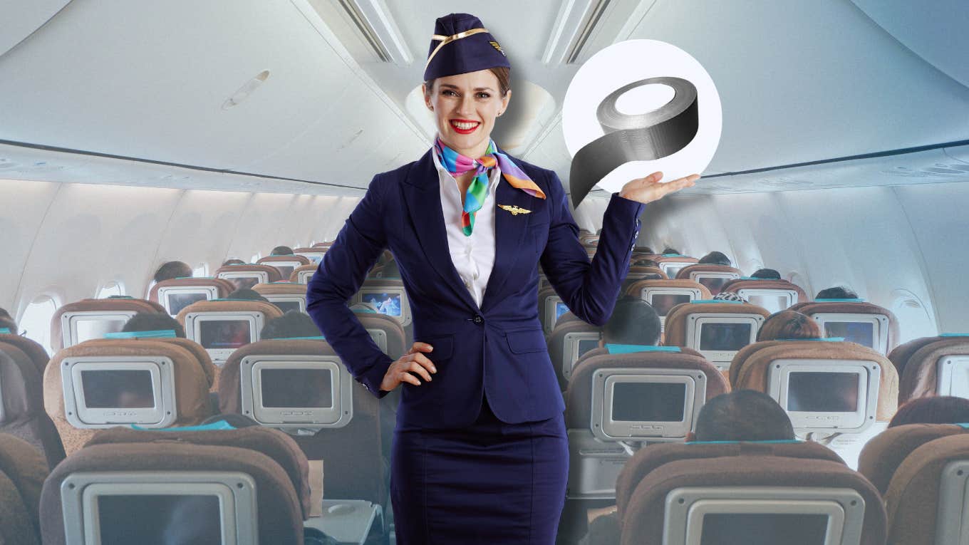 flight attendant in airplane cabin with duct tape