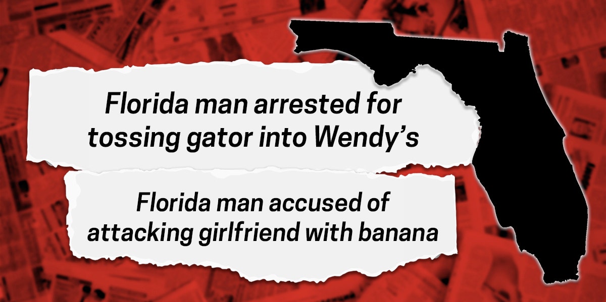 Florida Man headlines over the map of Florida