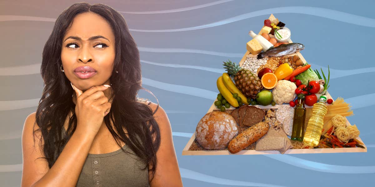 Is The Food Pyramid Wrong? Why Corporations Purposely Misled Consumers woman sideeyeing the food pyramid