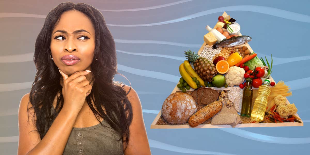 woman sideeyeing the food pyramid