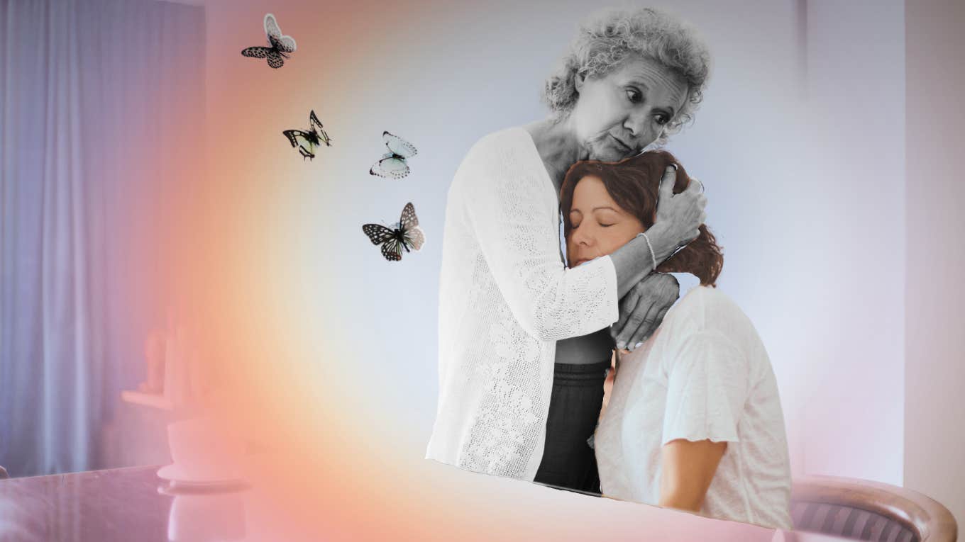 woman forgiving mother who passed away, letting go of any ill will feelings about her childhood