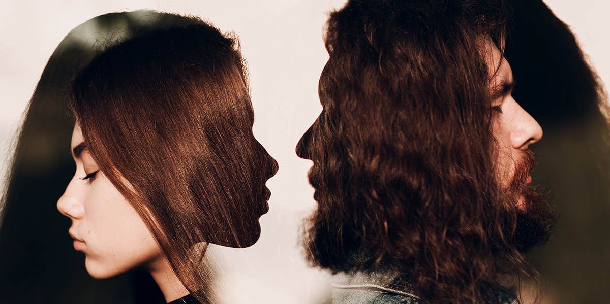 double exposure of couple looking away from each other over looking at each other