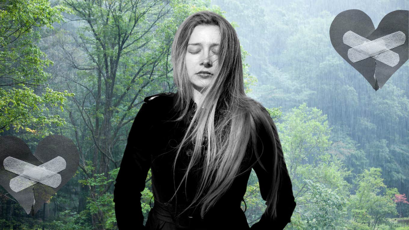 4 Signs A Woman Is A Wounded Avoider Who Pushes Love Away Without Realizing Woman closing her eyes and looking sad in front of a rainy background.