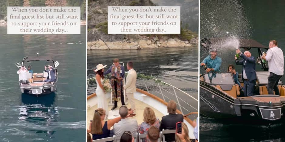 Dedicated Friends Crash Wedding Ceremony On A Boat After Not Making The Final Guest List Friends rent boat to watch wedding ceremony