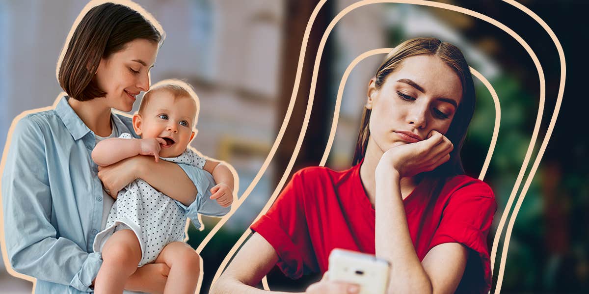 woman with baby and woman sad on phone