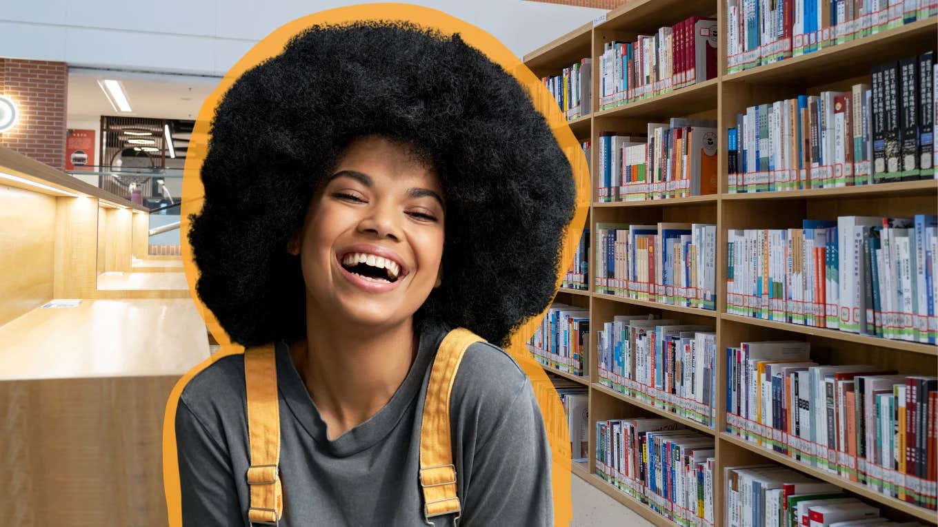young woman smiling in the public library