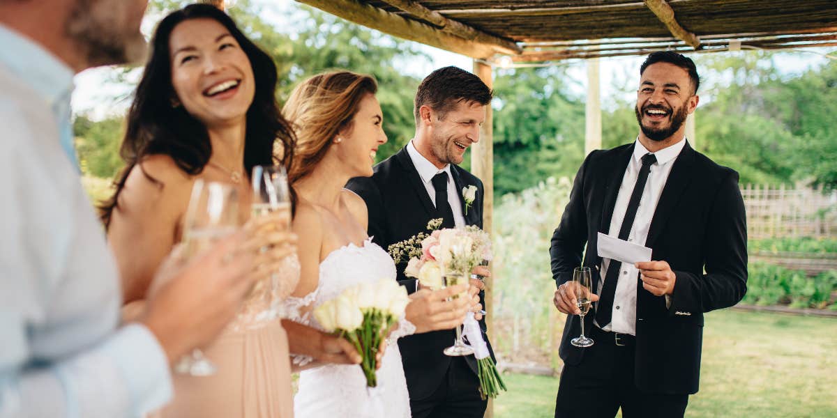 Woman Stops Husband From Attending Female Best Friend's Wedding Wedding guests laughing