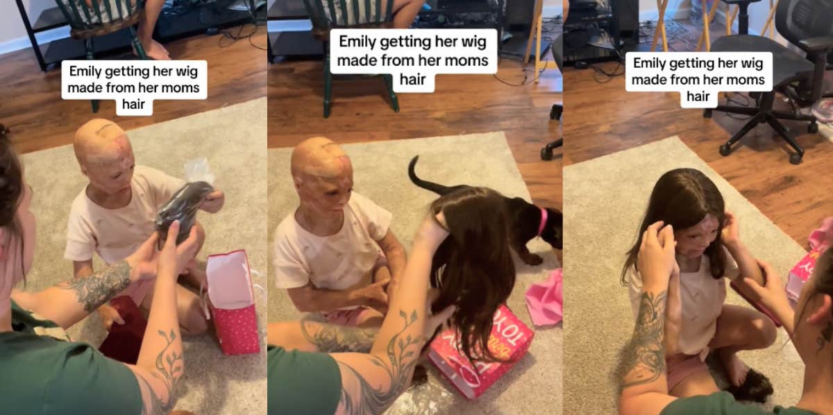 Little Girl Gets A Wig On Her Birthday Made From Her Mom’s Hair Emily Hinton receiving a wig on her birthday that's made from her mother's hair.