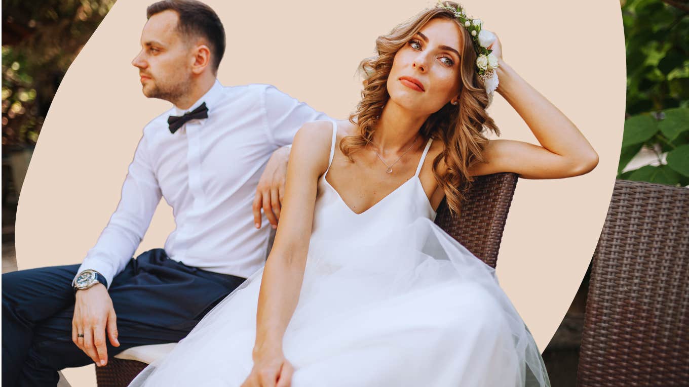 enthralled bride sitting by new husband in her wedding dress