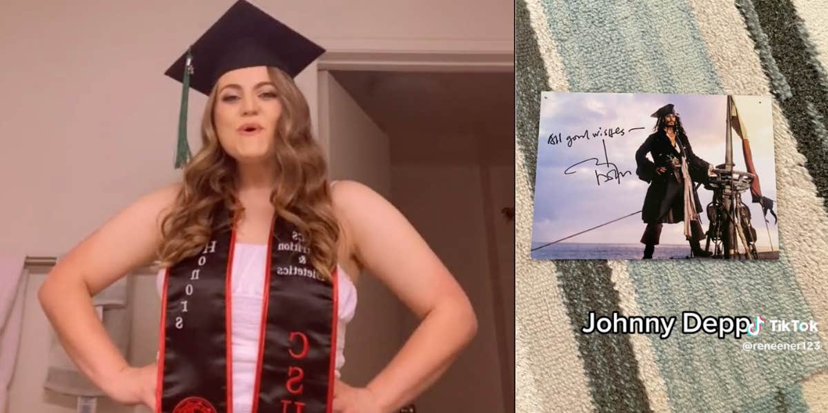 Renee in a graduation cap and gown, invitation response from Johnny Depp