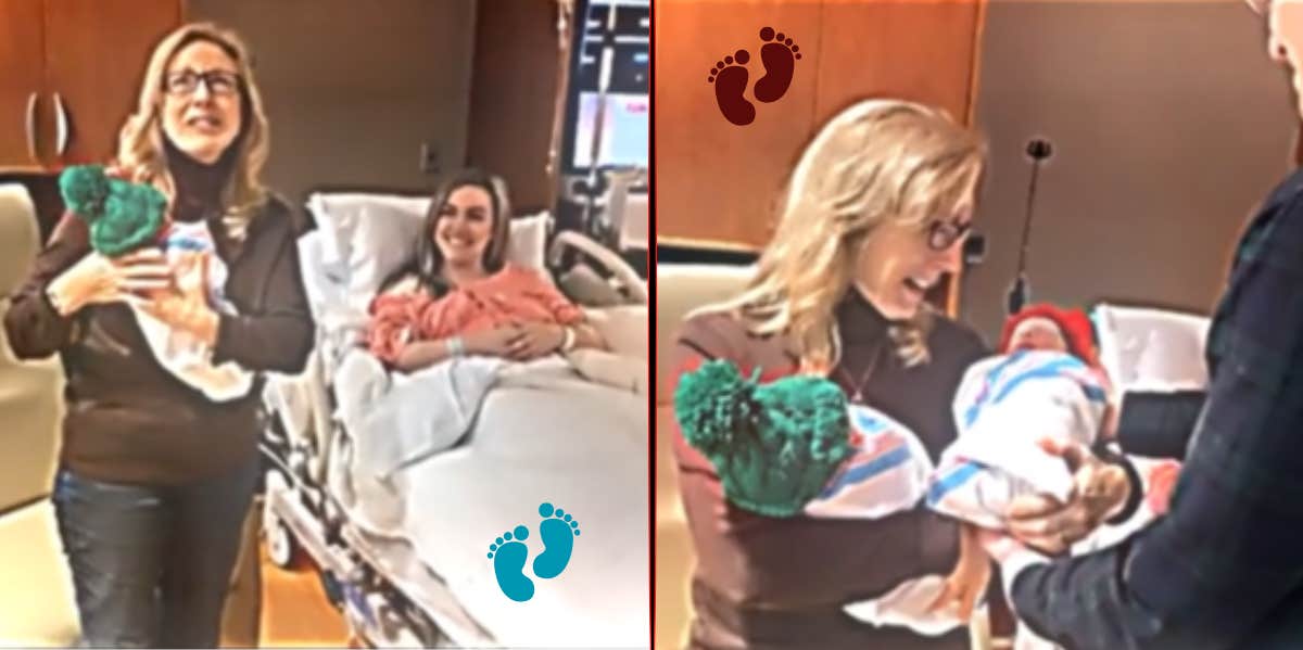 Emotional Grandma Expecting One New Grandchild Is Surprised With Twins grandma holding new grandbabies