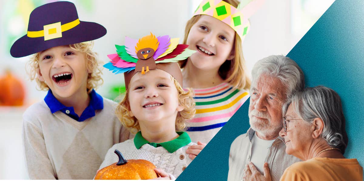Woman Disinvites Parents From Thanksgiving After Saying Her Girlfriend's Children 'Weren't Their Grandchildren' kids wearing thanksgiving hats, sad older couple
